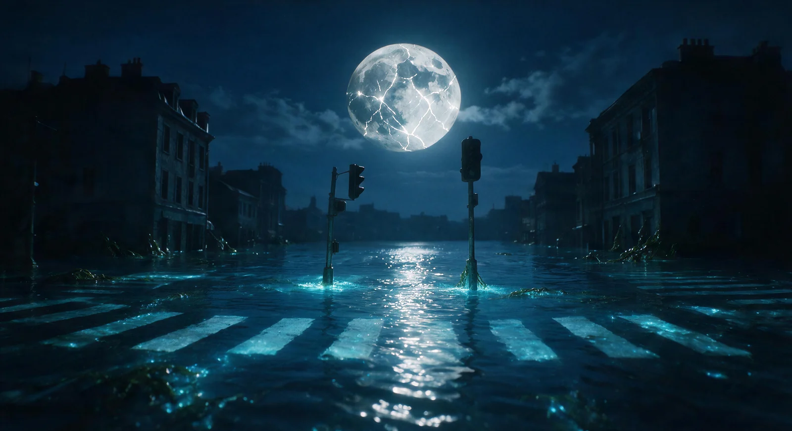 夜の水没した交差点。シアンの生物発光が横断歩道を縁取り、巨大な月が昇る